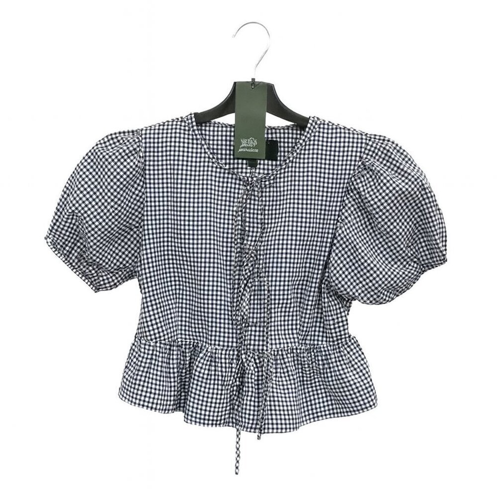 NWT Wild Fable Gingham Tie-Front Peplum Top Puff Sleeve Black White XS - Picture 2 of 6